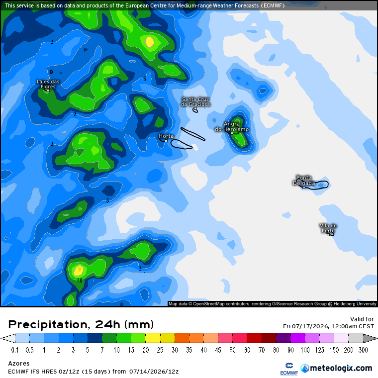 Mais um dia de Verão, com algum vento, e com a água do mar excecionalmente quente - tempo na quinta, 16 de julho de 2026 Chuva nos Açores nesta quinta-feira (previsão ECMWF, via Meteologix)