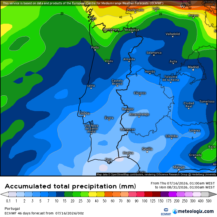 A simulação ECMWF para precipitação a 45 dias - até final de agosto - mostra precipitações pouco relevantes