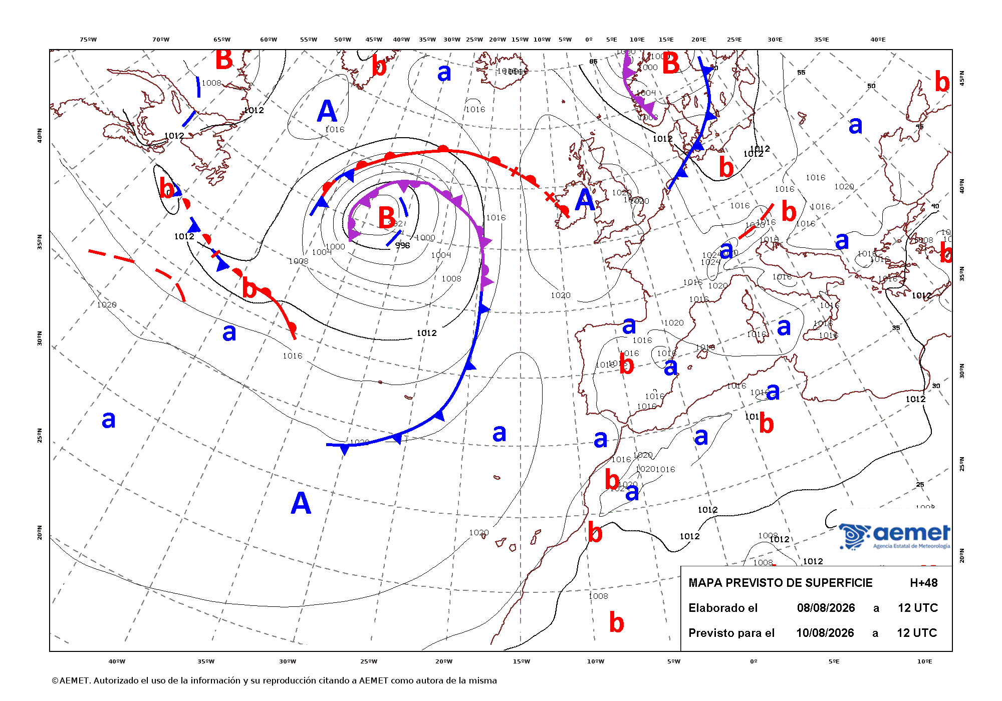 Anticiclone (A) sobre o Reino Unido e depressão (B) a norte dos Açores - carta AEMET\ECMWF