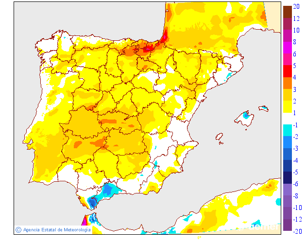 Um dia com subida das máximas em todo o território (previsão AEMET)