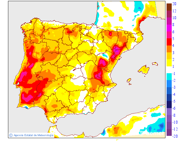 Subida bem evidente das temperaturas em todo o território, localmente até +6ºC (Harmonie-AEMET)