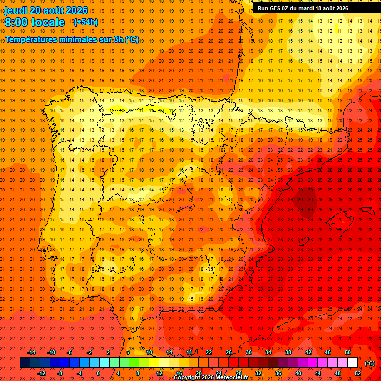Adeus calor, com as depressões Atlânticas à vista? Previsões do tempo quarta e quinta, 19 e 20 de agosto Depois de várias noites bem quentes, na quinta voltamos a registar valores mais baixos (mínimas, previsão GFS)