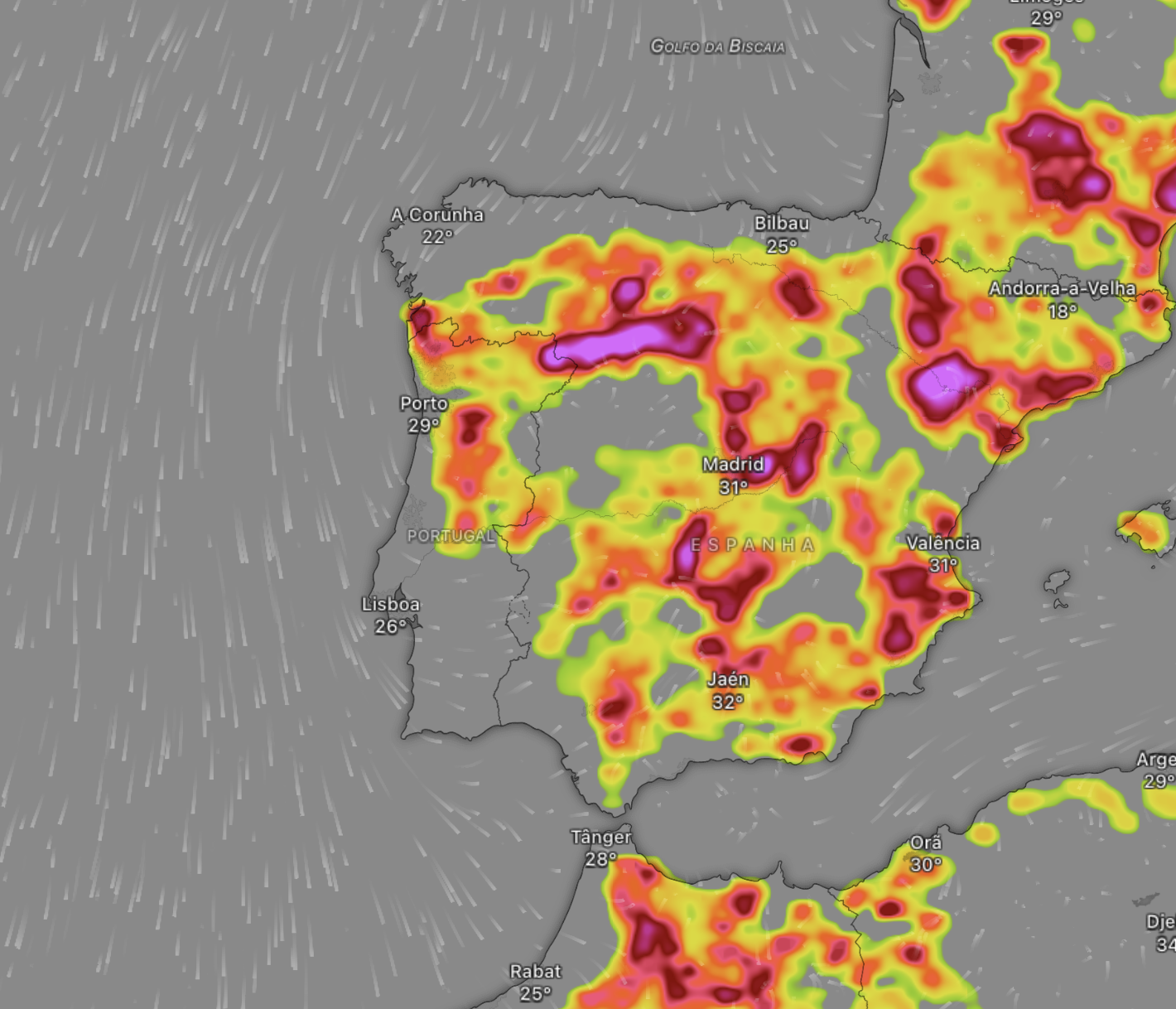 Depressão térmica traz chuva e trovoadas - saiba em que regiões - tempo no fim-de-semana, 15 e 16 de agosto Trovoadas previstas no sábado, segundo o ECMWF (gráfico via Windy)