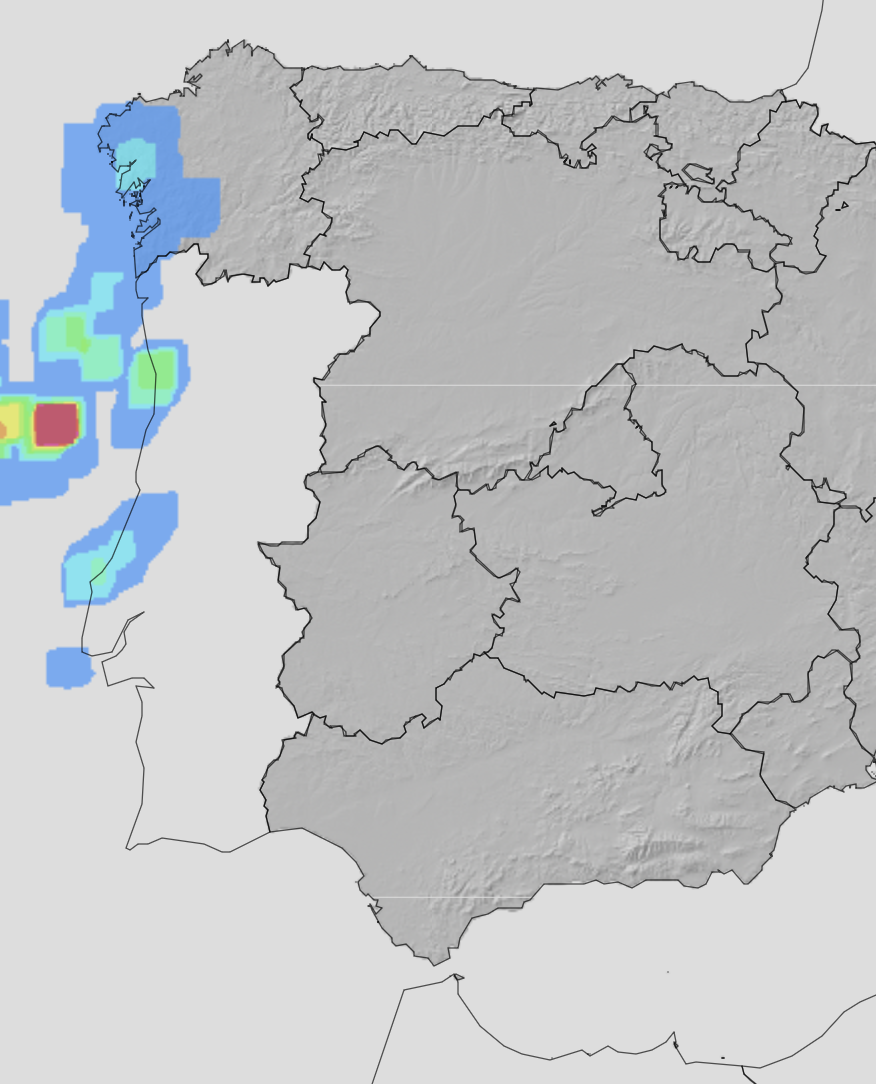 Mau tempo nesta quarta-feira, e Lisboa pode ser uma das regiões mais afetadas, com muita chuva (e vento) Densidade de raios prevista para a manhã de quarta-feira (previsão AEMET)