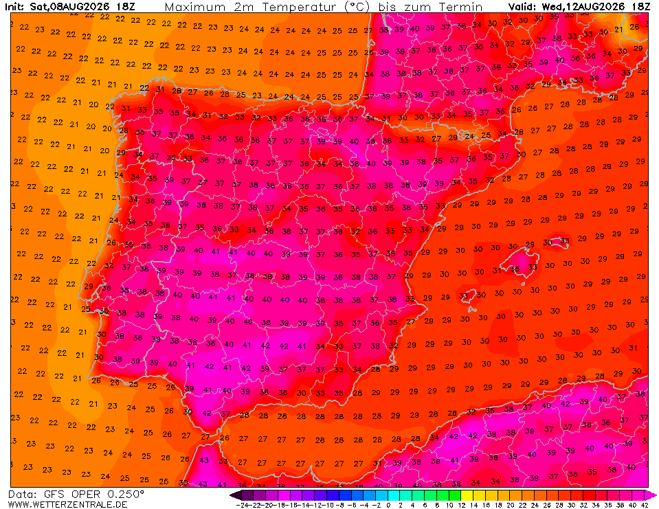 Temperaturas perto dos 40ºC no Interior (previsão wetterzentrale)