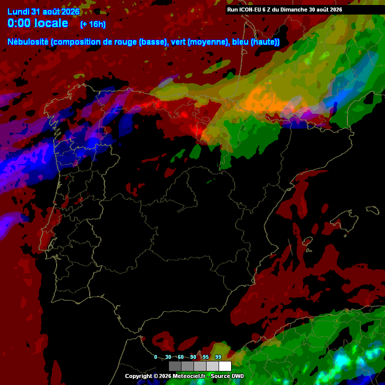 Nebulosidade baixa (a vermelho) a reduzir ao longo do dia, surgem algumas nuvens altas (a azul)