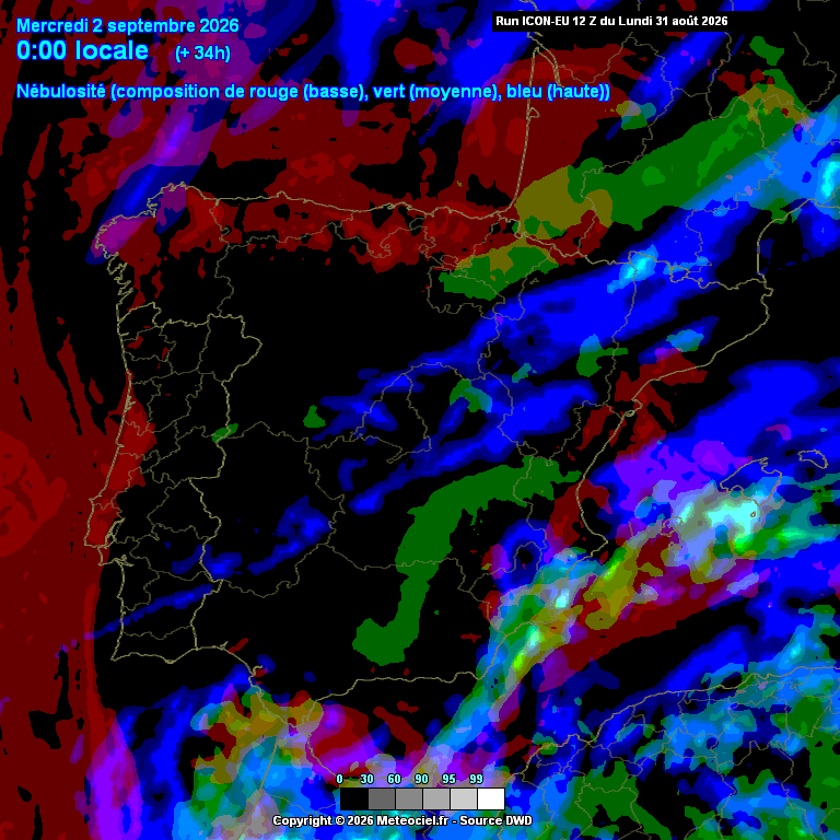 Nebulosidade baixa (assinalada a vermelho) durante a manhã, dissipando para a tarde (previsão ICON-EU)
