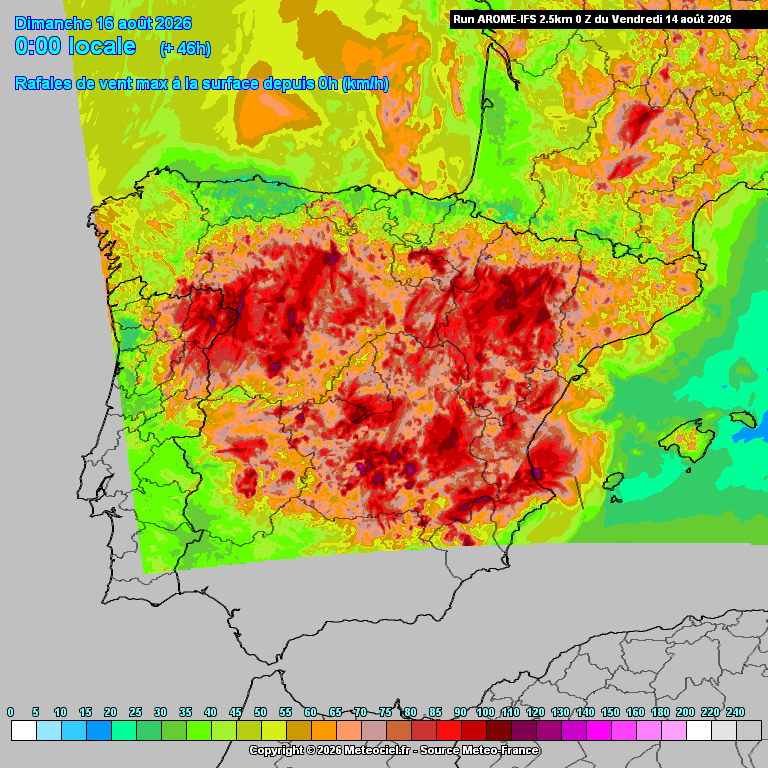 Depressão traz vento localmente muito forte e calor intenso... há uma grande mudança de regime a caminho - atualização do tempo em agosto Grandes áreas com vento muito forte nas previsões para este sábado (AROME-Météo-France)