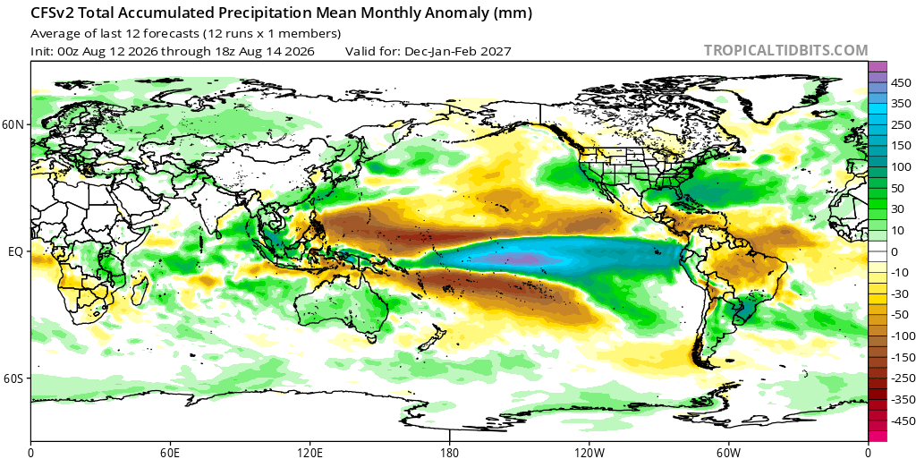 Contraste gigante entre a chuva excessiva e seca extrema nas previsões globais para o inverno no CFSv2