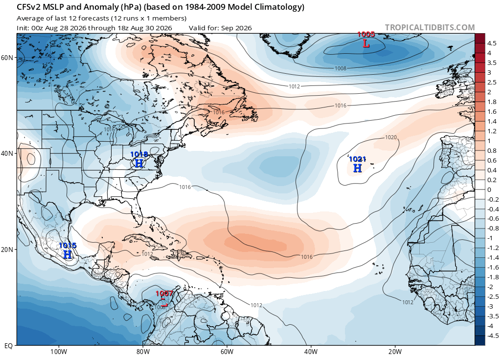 Tempo em setembro - A previsão mais recente do CFSv2 (Americano), mostra-nos uma tendência para um anticiclone frágil e móvel, o que torna o tempo mais imprevisível, e variável