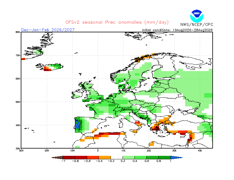 Os modelos da NOAA continuam a mostrar um outono e inverno muito chuvosos na Europa, principalmente em Portugal
