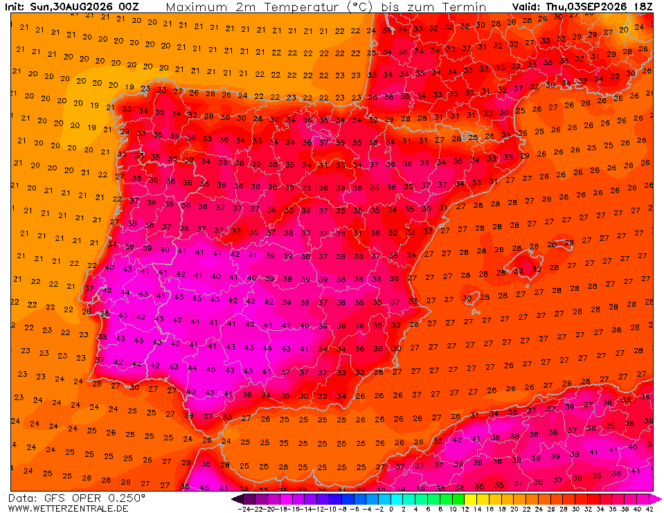 Máximas para quinta-sexta, previsões GFS, via Wetterzentrale
