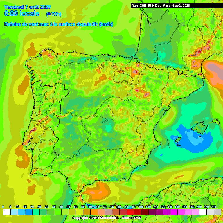 Tempo na quinta, 6 de agosto - Calor volta a apertar, mas com muito vento! - Será que vem para ficar? Vento com rajadas até 70km/h no litoral - nortada intensa, conforme previsão ICON-EU