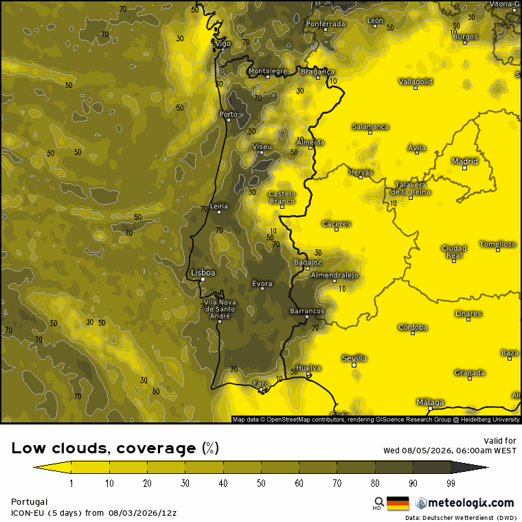 Anticiclone aproxima-se de novo, com uma depressão nos Açores a "empurrar" - muda o tempo na quarta, 5 de agosto Evolução de nebulosidade baixa ao longo do dia segundo a previsão ICON-DWD