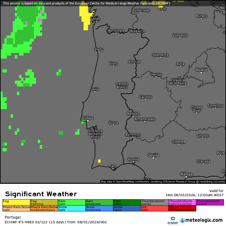 Depressão traz frente fria, chuva e mais vento - saiba a previsão do tempo na segunda, 3 de agosto Previsão da evolução da chuva (verde) e nevoeiro (amarelo) segundo o modelo ECMWF