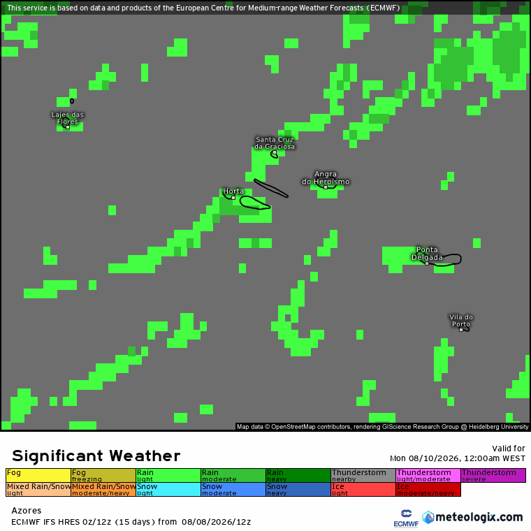 Previsão de chuva nos Açores, com maior frequência e intensidade na manhã desta segunda, 10 de agosto