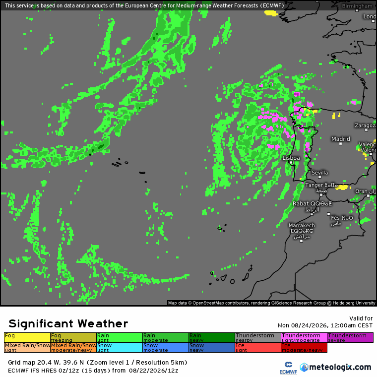 Primeira tempestade outonal chega a Portugal - depressão rara marca o tempo na segunda-feira no nosso território Evolução da chuva (Verde) e trovoada (roxo) - mau tempo em Portugal na segunda