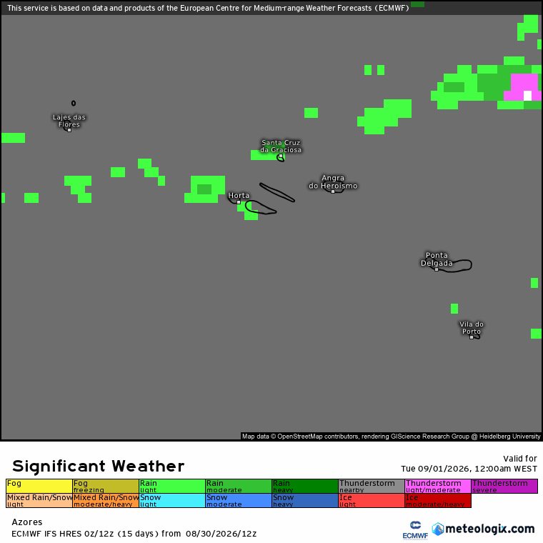Outono começa com mais vento e com algumas nuvens - saiba a previsão do tempo na terça, 1 de setembro de 2026 Evolução da chuva nos Açores nesta terça-feira (previsão ECMWF)
