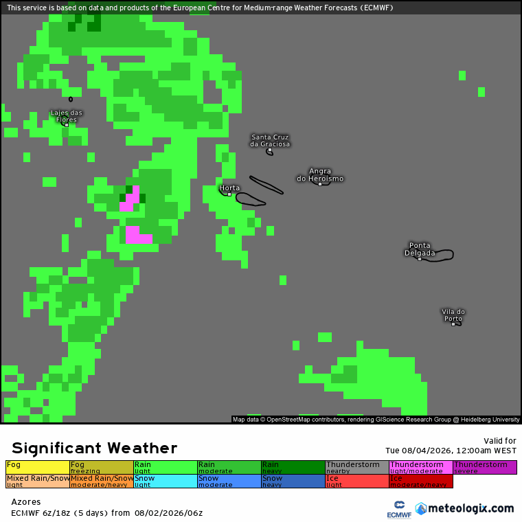 Continua o tempo húmido, bastante abafado e pode chover - saiba a previsão do tempo na terça, 4 de agosto de 2026 Previsão da evolução da chuva nos Açores (verde) e trovoadas (roxo). Destaque para a madrugada e manhã