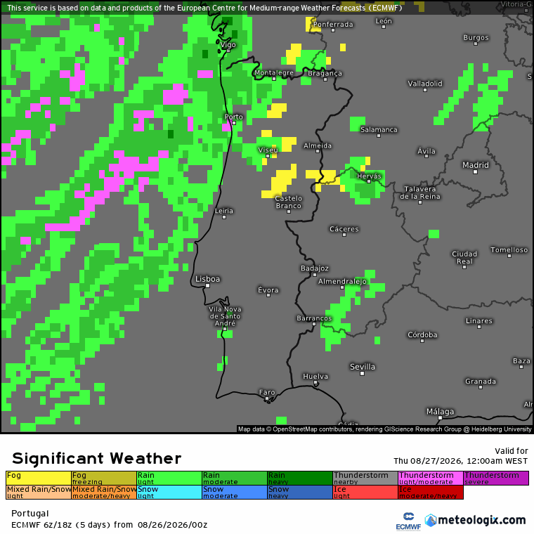 Evolução da chuva (verde) e trovoadas (roxo) previstas pelo ECMWF para esta quinta-feira