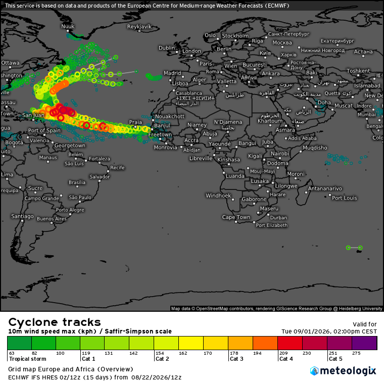 Muita chuva e vento em Portugal (mais de 130 litros por metro quadrado) com frentes atlânticas sucessivas - saiba a previsão do tempo esta semana, 24 a 30 de agosto Sinal robusto no EPS-ECMWF para a formação de um furacão dentro de uns dias no Atlântico tropical