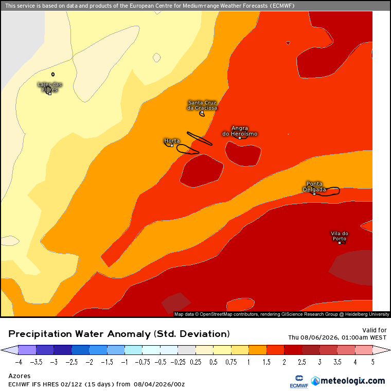 Depressão afeta Açores entre quarta e quinta (5-6 de agosto), com risco de inundações Anomalia de água precipitável nos Açores é significativa devido a esta depressão, com fluxo de Sudoeste