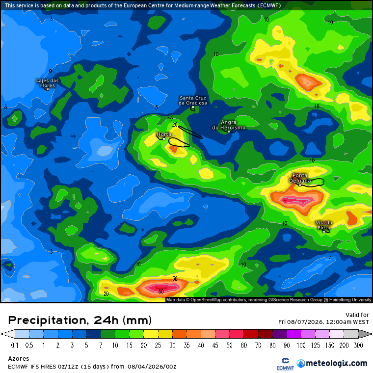 Tempo na quinta, 6 de agosto - Calor volta a apertar, mas com muito vento! - Será que vem para ficar? Precipitação significativa prevista pelo modelo Europeu ECMWF para esta quinta nos Açores, com risco de inundações na madrugada e manhã