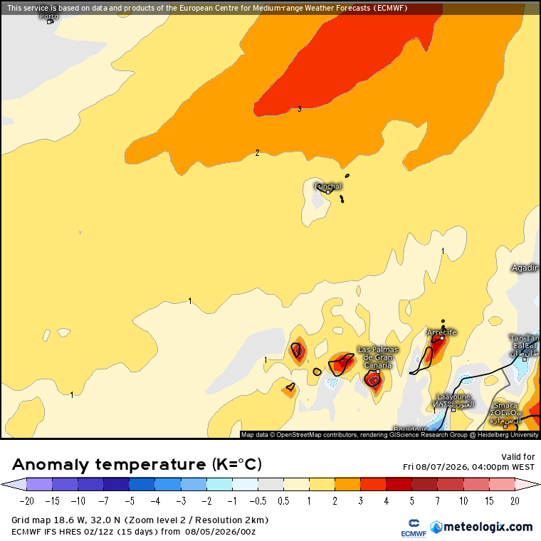 Cerca de 40ºC em algumas regiões, num pico de calor, antes de nova mudança, devido a uma depressão em altitude - tempo na sexta, 7 de agosto Persistência dos valores de temperatura ligeiramente acima da média no arquipélago