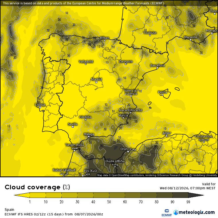 Nebulosidade prevista pela atual "run" do ECMWF para 12 de agosto - note-se como o litoral pode não ser beneficiado, mas falta muito!
