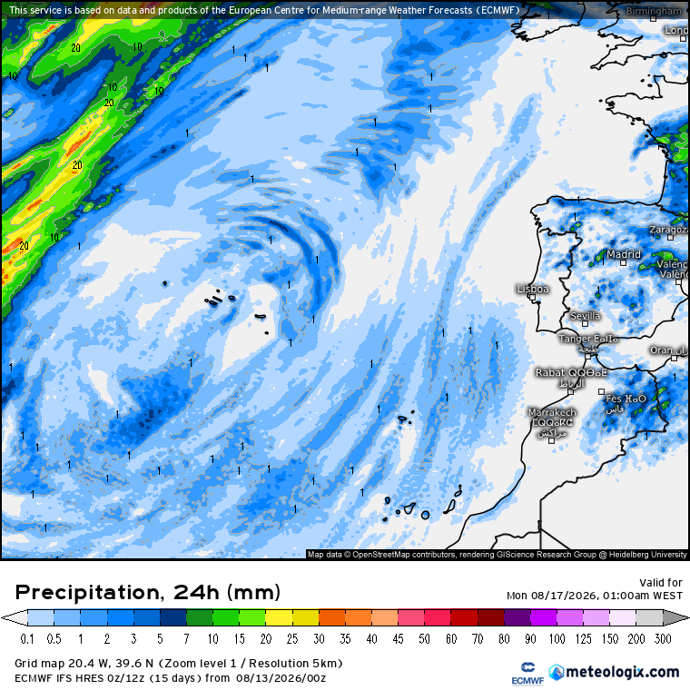 Depressão térmica traz chuva e trovoadas - saiba em que regiões - tempo no fim-de-semana, 15 e 16 de agosto Aguaceiros ocasionais nas Ilhas neste domingo - previsão ECMWF