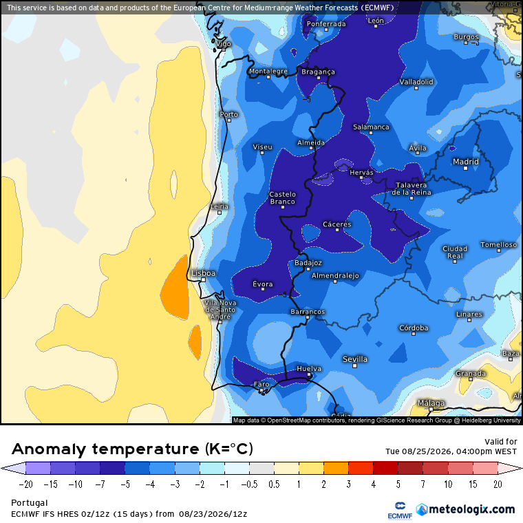Tempo na terça, 25 de agosto - Temperaturas baixas, mas melhoria significativa das condições atmosféricas em Portugal Temperaturas abaixo da média no Interior, mais próximo do normal no litoral