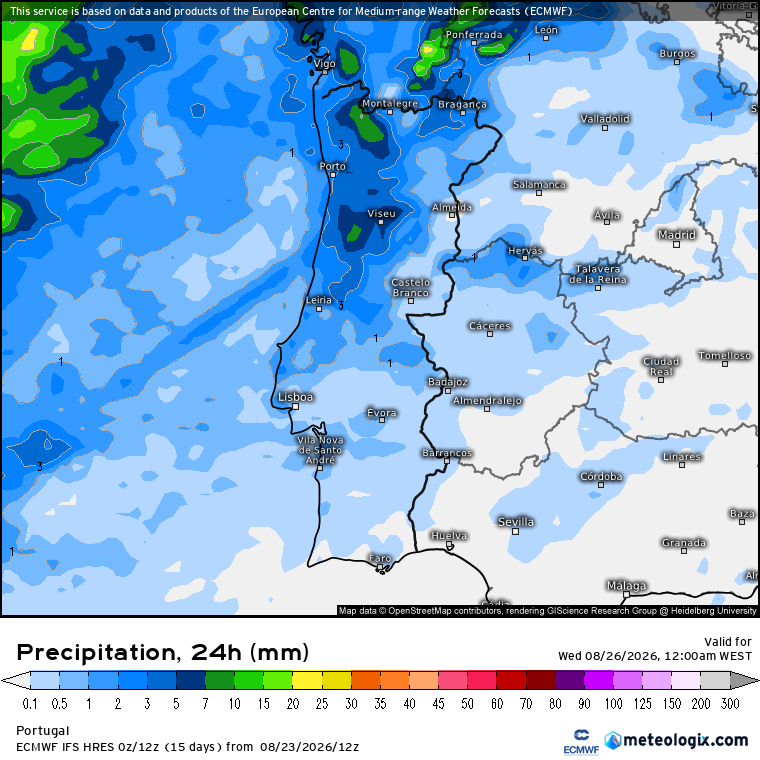Tempo na terça, 25 de agosto - Temperaturas baixas, mas melhoria significativa das condições atmosféricas em Portugal Precipitação total nesta terça-feira - apesar da melhoria, continua prevista alguma chuva