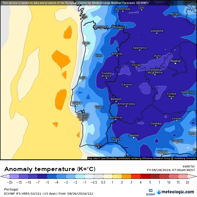 Noite fria, com mínimas perto de 5ºC em algumas regiões devido à inversão térmica - saiba como estará o tempo na sexta, 28 de agosto Noite fria no Interior, com inversão térmica, claramente mais amena no litoral - previsão de anomalia de temperaturas ECMWF