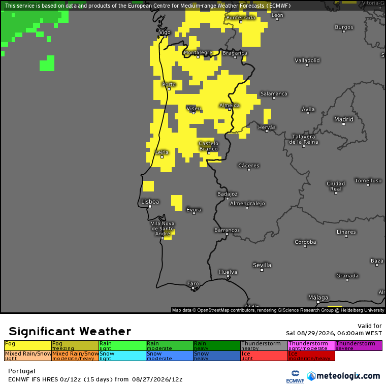 Depressões ainda próximas, e mais uma frente fria, marcam o tempo no fim-de-semana, com cheiro a outono... previsões para 29 e 30 de agosto Neblina matinal no Norte e Centro (a amarelo) - previsão ECMWF para sábado
