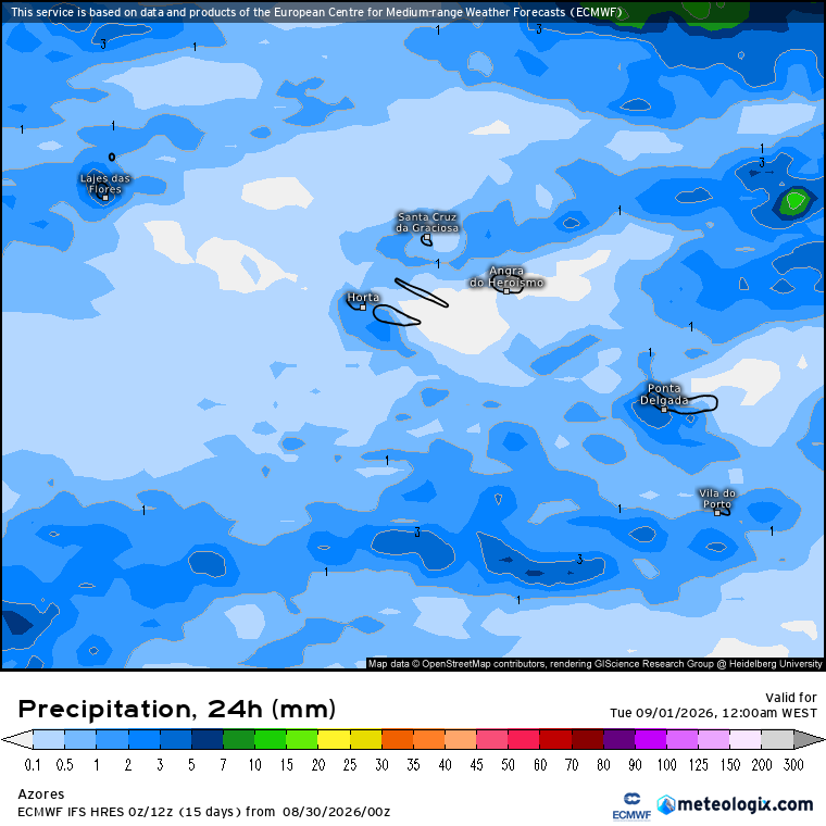 Precipitação total acumulada nos Açores prevista nesta segunda-feira pelo IFS-ECMWF