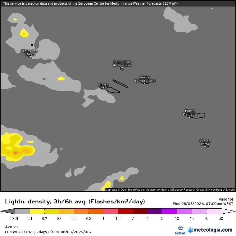 Anticiclone aproxima-se de novo, com uma depressão nos Açores a "empurrar" - muda o tempo na quarta, 5 de agosto O ECMWF mostra a possibilidade de trovoadas na quarta-feira nos Açores, devido à influência de uma depressão