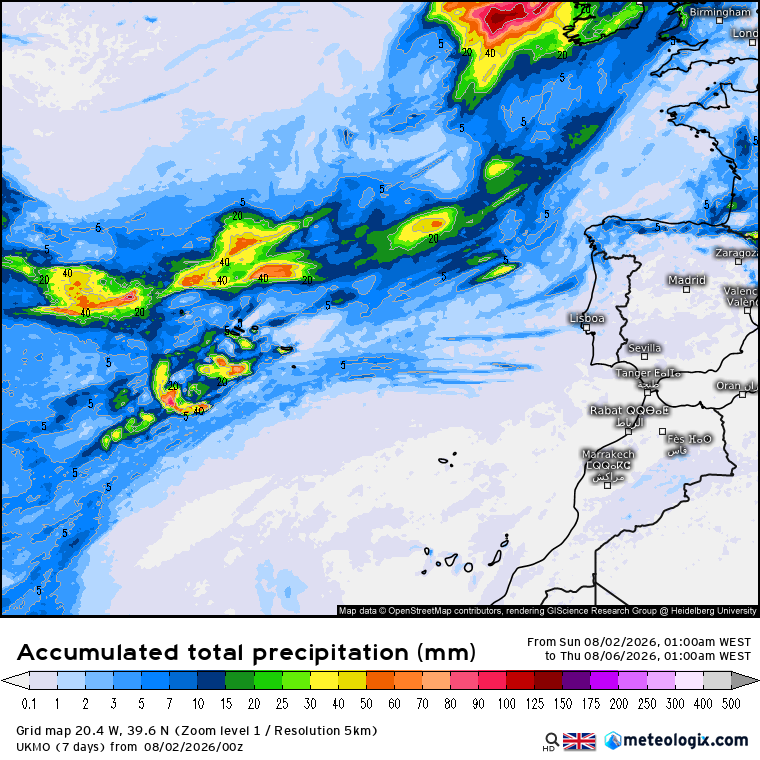 Chuva prevista até quarta-feira pelo modelo UKMO - mais precipitação nos Açores, tempo seco na Madeira, e chuva fraca ocasional no Continente