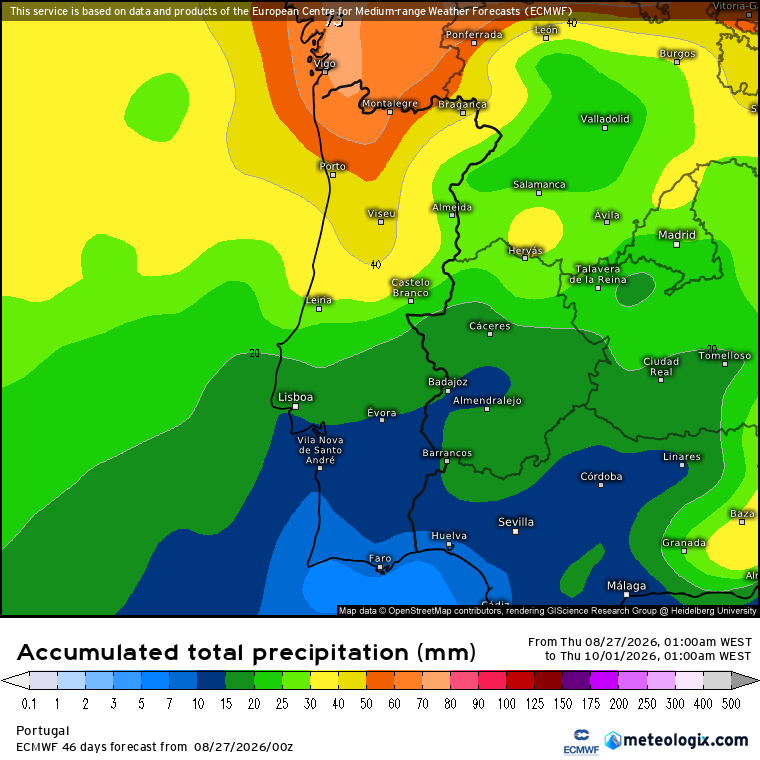Precipitação total prevista pelo modelo ECMWF em setembro - apenas uma tendência, obviamente