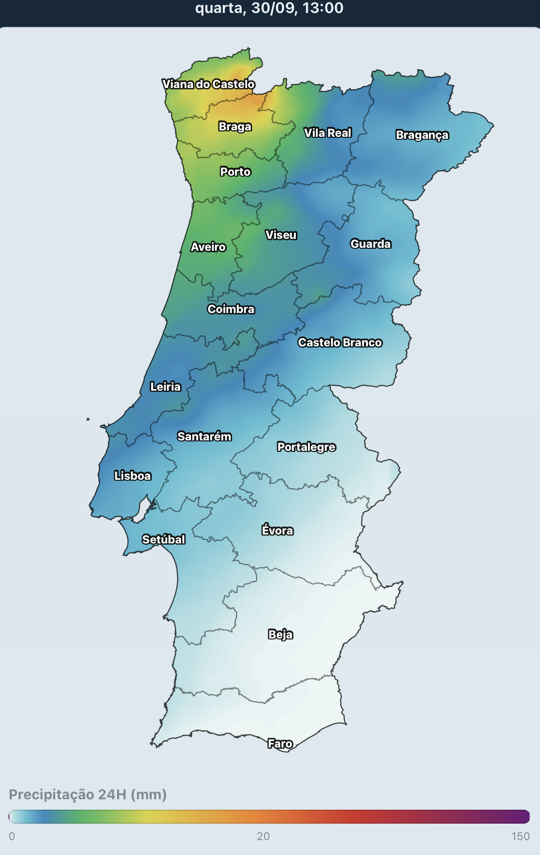 Depressão com chuva forte, vento e trovoadas entre terça e quarta, 29-30 de setembro - primeira frente fria do outono... Precipitação total prevista em 24 horas - entre as 13H de terça e as 13H de quarta