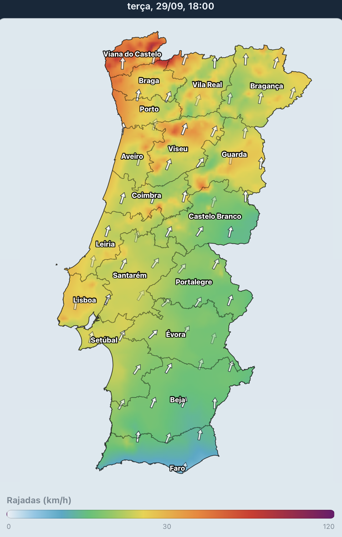 Depressão com chuva forte, vento e trovoadas entre terça e quarta, 29-30 de setembro - primeira frente fria do outono... Rajadas máximas superiores a 60\70km/h no litoral e 90+km/h terras altas - nada de excecional