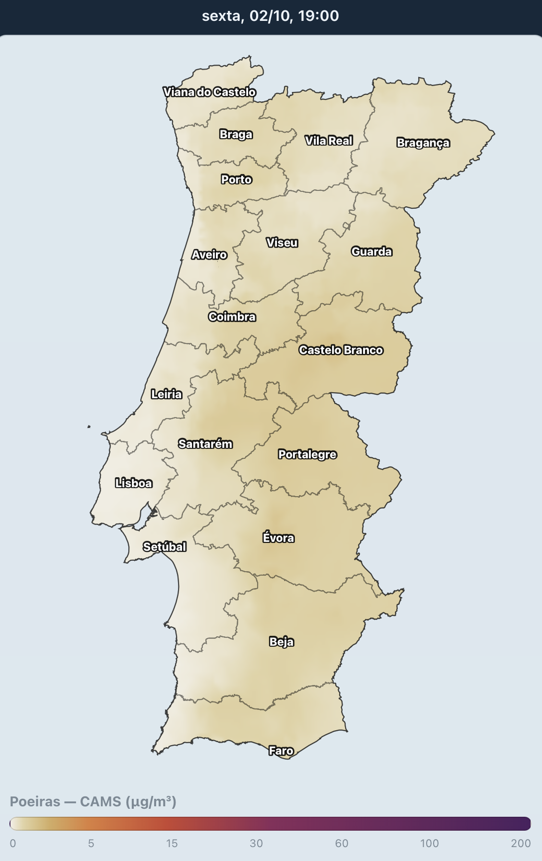Poeiras em suspensão em quantidades baixas a moderadas nos próximos dias