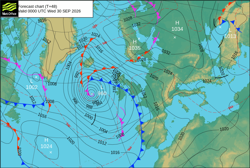 Depressão com chuva forte, vento e trovoadas entre terça e quarta, 29-30 de setembro - primeira frente fria do outono... Frente fria associada a uma poderosa depressão afeta Portugal nesta terça-feira (carta MetOffice)