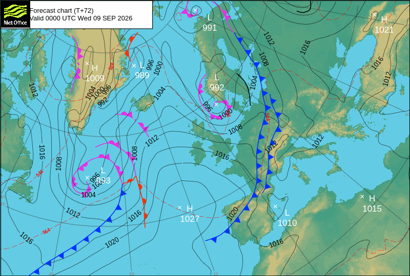 Uma frente fria muito abrangente na Europa traz chuva a Portugal - uma situação pouco relevante, contudo (análise frontal MetOffice)
