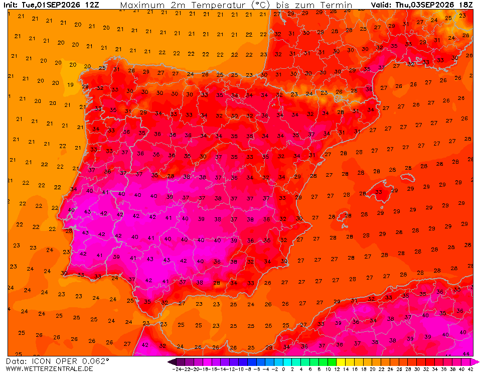 Calor recorde em setembro? Temperaturas podem superar os 43 ºC, com forte carga de poeiras - tempo na quinta, 3 de setembro, muito desagradável Máximas acima de 42ºC em alguns locais do Centro e Sul - previsão ICON-EU