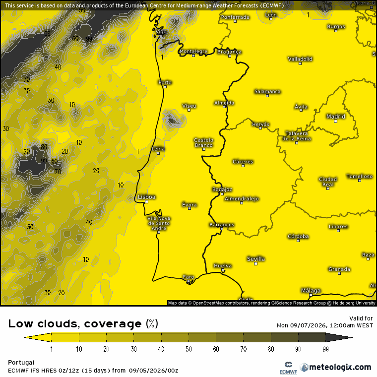 O tempo de Verão continua em força! Atenção ao risco de incêndio... previsão do tempo na segunda, 7 de setembro de 2026 Evolução da nebulosidade ao longo do dia - muitas nuvens matinais no litoral, muito sol durante a tarde!
