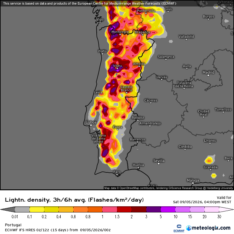 Há sempre um "viés" no ECMWF, mas podemos usar para avaliar o potencial convectivo - apenas alguns locais assinalados terão trovoadas, contudo