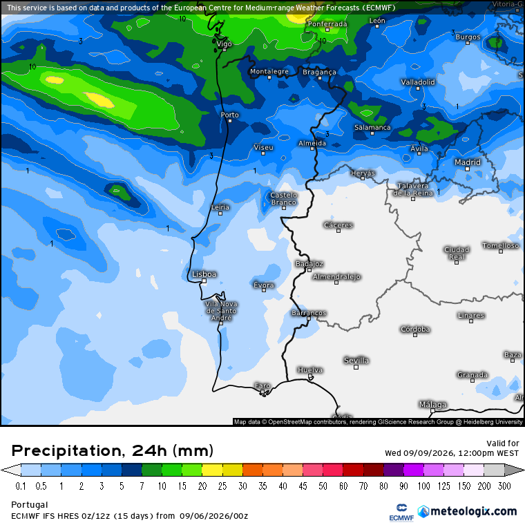 Chuva moderada a Norte, fraca no Centro, entre terça e quarta-feira (ECMWF)