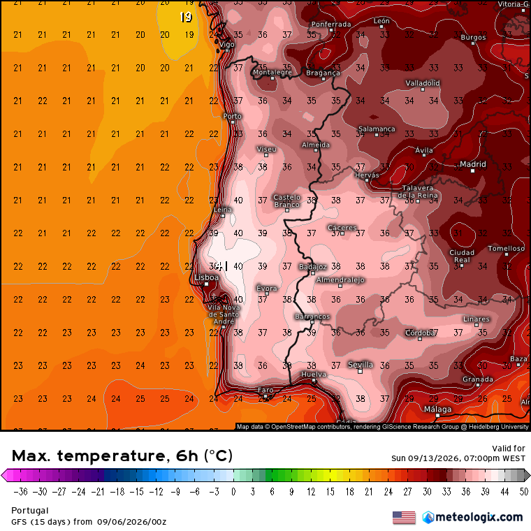 Temperaturas próximas dos 41ºC segundo o modelo GFS no fim-de-semana - Verão continua...