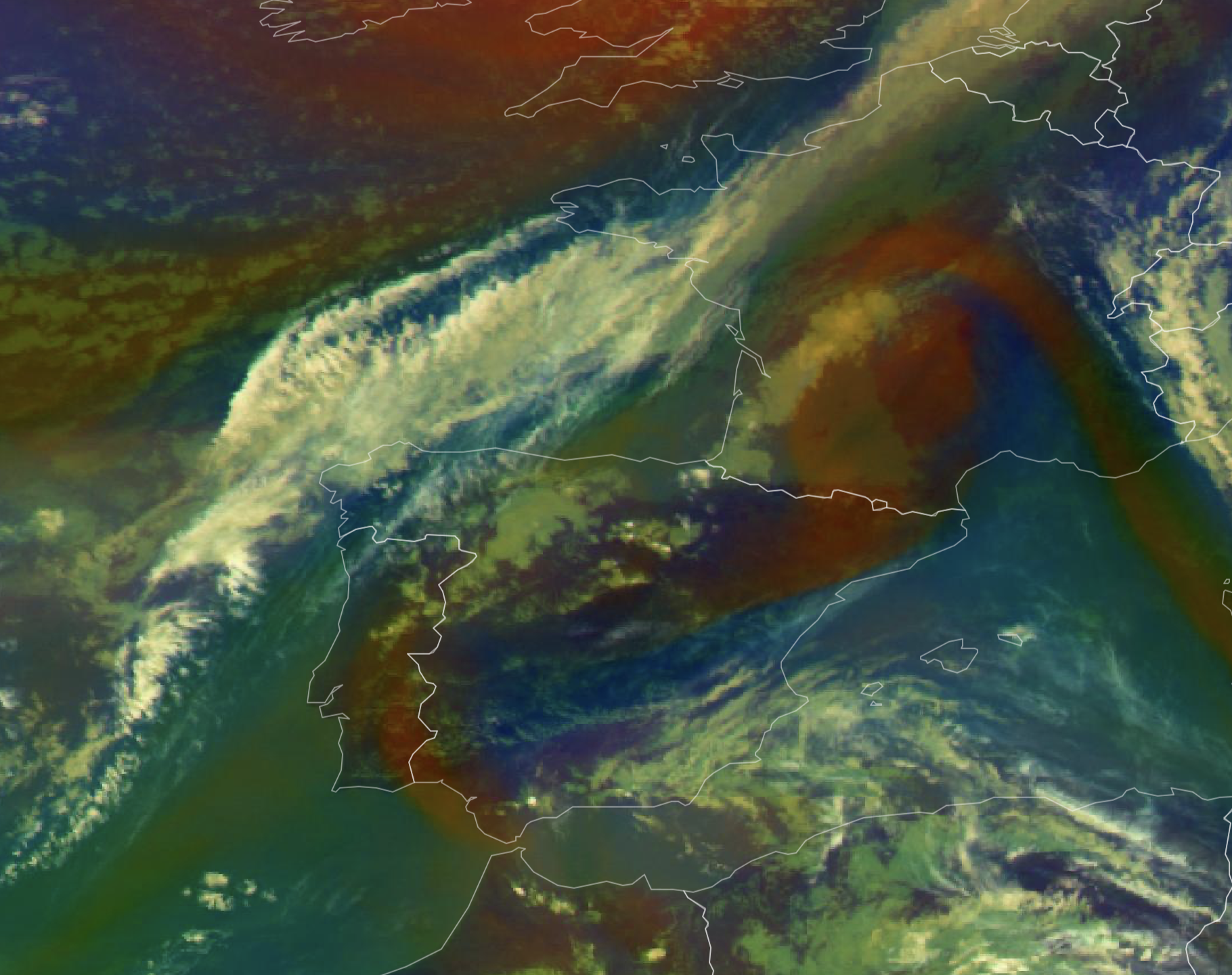 Depressão ADAM - Efeitos em Portugal e Espanha - saiba a evolução da primeira depressão nomeada da temporada Depressão ADAM sobre França - cores com tom avermelhado representam ar mais frio