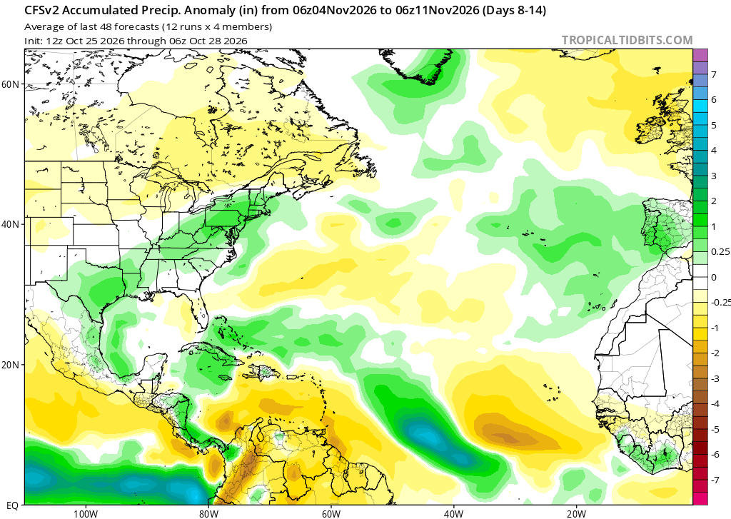 CFSv2 com risco de precipitações acima da média na última previsão, em quase todo o país, logo depois de dia 4